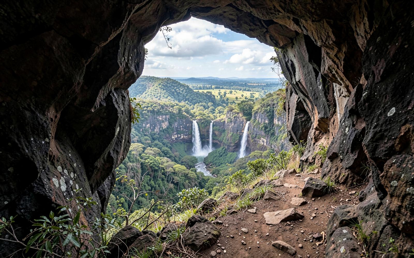 Mirante rochoso para vale e cachoeiras